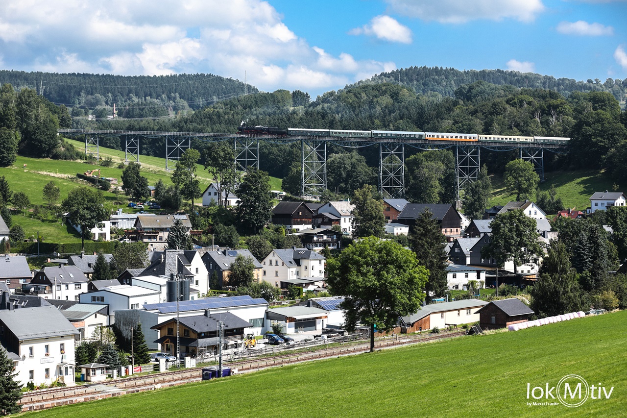 Sie sollten sehen: eine Seitenansicht des Markersbacher Viaduktes mit dem Leiziger Museumszug, gezogen von der Dampflokomotive 52 8154. Im Hintergrund das Erzgebirge mit üppiger grüner Vegetation.