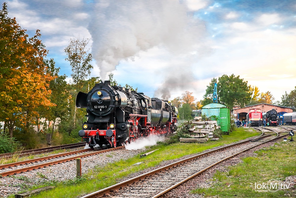 Das Bild zeigt die beiden Dampflokomotiven 52 8195 und 52 8154, welche Tender an Tender gekuppelt sind und gemeinsam unter Dampf Führerstandsmitfahrten machen.