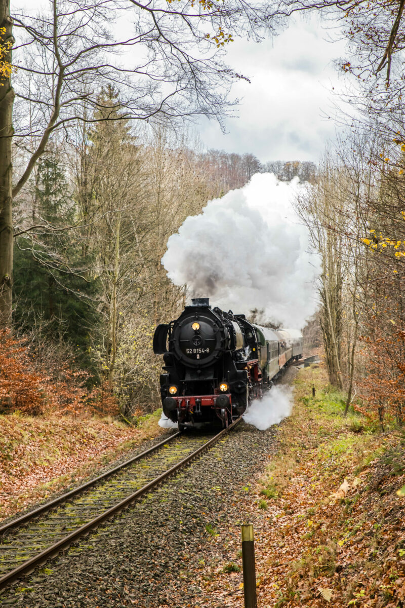 Zu sehen ist die Dampflokomotive 52 8154 ds Eisenbahnmuseums Leipzig mit weißr Dampffahne von vorn in herbstlicher Umgebung.