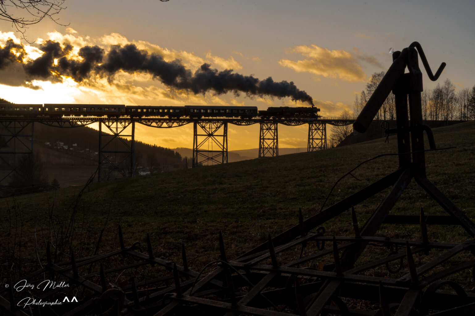 Unser Zug mit langer Dampffahne im Gegenlicht auf dem Markersbacher Viadukt. Im Vordergrund eine Egge eingebettet in die typisch erzgebirgische Hügellandschaft.